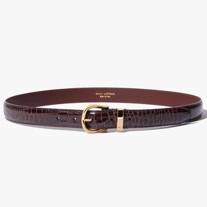 Nili Lotan Louise Belt in Dark Brown Croc-Embossed with Shiny Brass Buckle